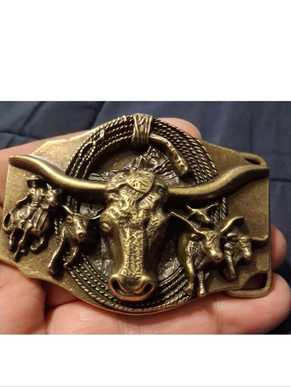 Antique Brass Longhorn Western Belt Buckle - Brown Finish